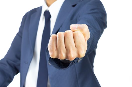 Businessman Fist in Blue Suit Isolated on White Background on Horizontal View. Concept about Violence or Strike in Organization