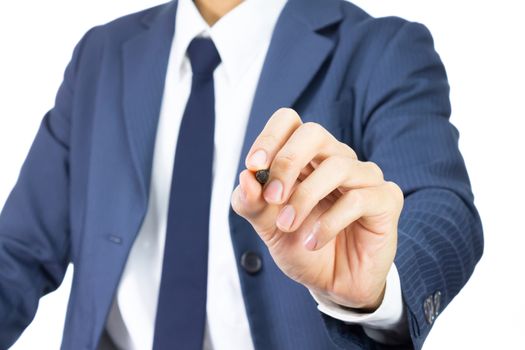 Businessman Writing Transparent Screen or Glass Board Isolated on White Background. Businessman Drawing Something on Transparent Screen.