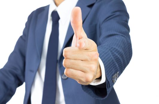 Businessman in Blue Suit Point Something Isolated on White Background. Business Concept about Leadership or Choose Something