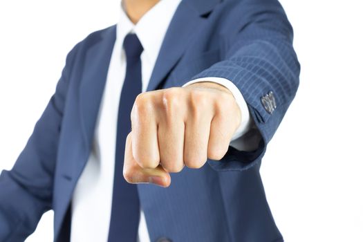 Businessman Fist in Blue Suit Isolated on White Background. Concept about Violence or Strike in Organization