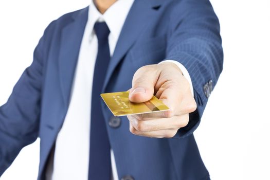 Businessman in Blue Suit Hold Gold Credit Card or Platinum Card Isolated on White Background. Concept about Finance or Bank
