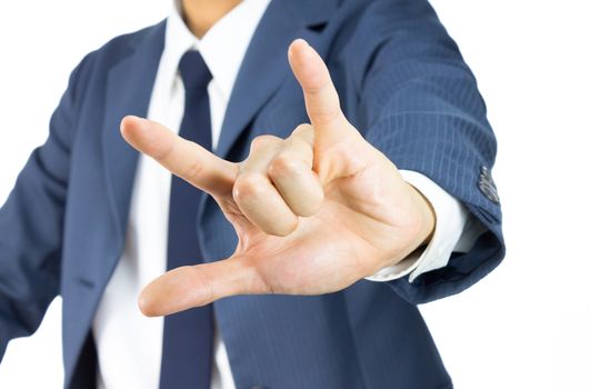 Businessman in Blue Suit Show I Love You Sign or Thumb and Finger and Little Finger Isolated on White Background. Concept about Love or Romance