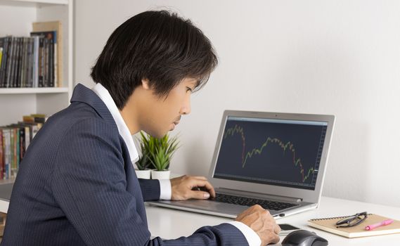 Young Asian Forex Trader or Investor or Businessman in Suit Touching Smartphone and Trading Forex or Stock in Laptop Monitor in Trader Room