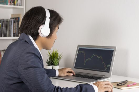 Young Asian Forex Trader or Investor or Businessman in Suit Wear Headphone and Trading Forex or Stock in Laptop Monitor in Trader Room