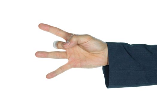 Holding middle finger of businessman on white background.