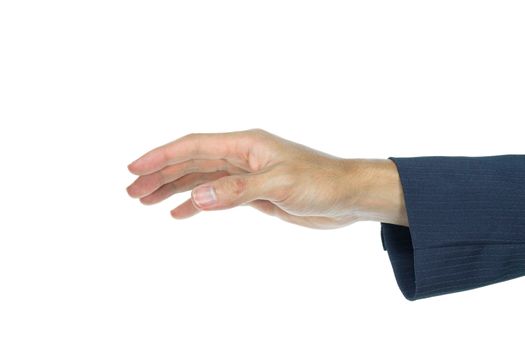 Holding mouse or catch something of businessman on white background. Hand gesture is touching something.