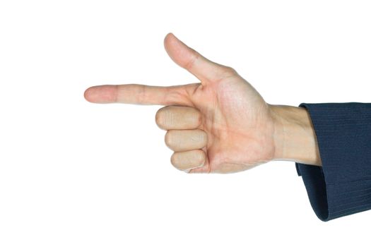Check mark finger sign of businessman. Hand with index finger and thumb finger of businessman. Finger gun of human.