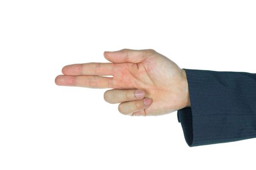 Finger gun of businessman on white background. Aiming hand sign of businessman. Shooting finger shape.