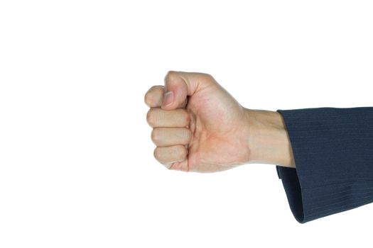 Strong fist of businessman on white background. Concept of success in business.