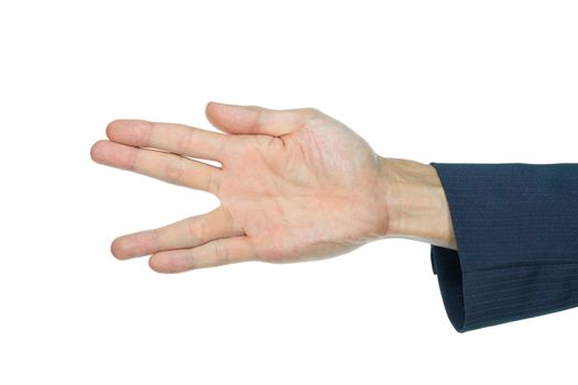 V sign of businessman's hand or peace symbol on white background.
