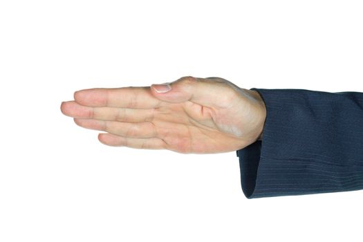 Hand or palm of businessman on white background. Businessman show hand at 45 degree. Opening the palm of the hand.