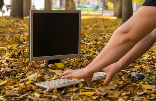 Autumn, a man working at a computer on a fallen yellow foliage in the city on the street