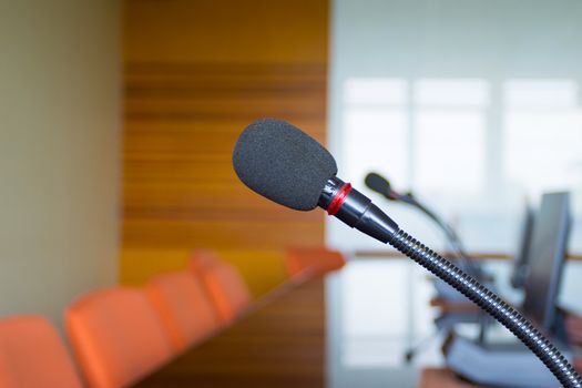 close up a microphone in the conference room for speak and presentation  