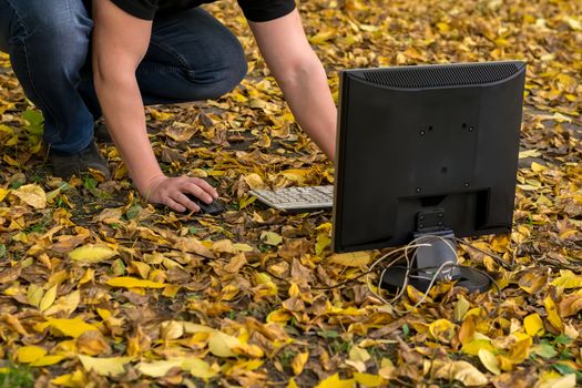 Autumn, a man working at a computer on a fallen yellow foliage in the city on the street