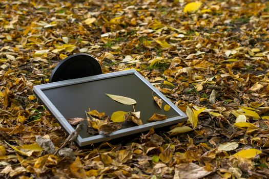 Monitor from the computer is lies on the autumn yellow foliage in the yard on the street