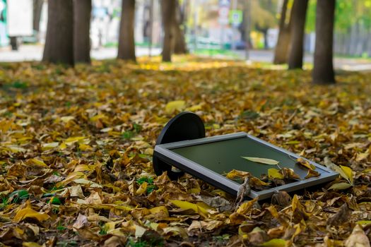 Monitor from the computer is lies on the autumn yellow foliage in the yard on the street