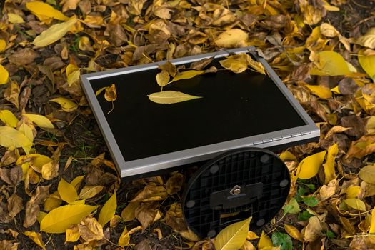 Monitor from the computer is lies on the autumn yellow foliage in the yard on the street