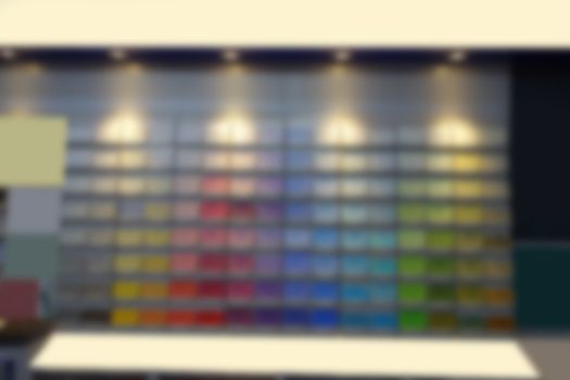 Blurred image of shopping store and sell color painting chart background usage.                               