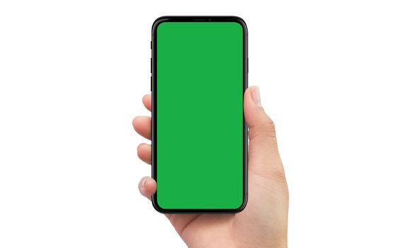 Isolated human right hand holding black mobile smart phone device mockup green screen