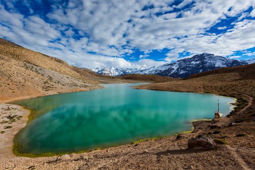 Dhankar mountain lake in Himalayas. Dhankar, Spiti valley, Himachal Pradesh, India