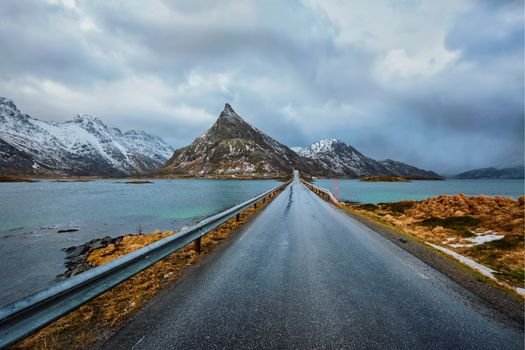 Road in Norwegian fjord. Lofoten islands, Norway