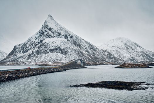 Fredvang Bridges in winter. Lofoten islands, Norway