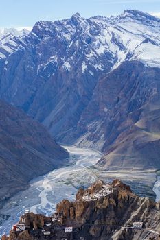 Dhankar monastry perched on a cliff in Himalayas. Dhankar, Spiti Valley, Himachal Pradesh, India