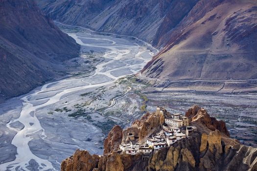 Dhankar monastry perched on a cliff in Himalayas. Dhankar, Spiti Valley, Himachal Pradesh, India