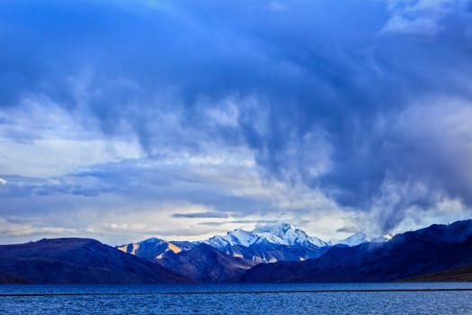Gathering storm over Himalayan lake Tso Moriri in Himalayas, Korzok, Ladakh, India