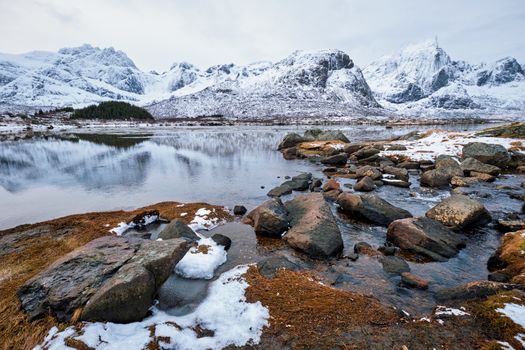 Norwegian fjord in winter. Lofoten islands, Norway