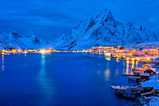 Reine village illuminated at night. Lofoten islands, Norway