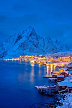 Reine village illuminated at night. Lofoten islands, Norway