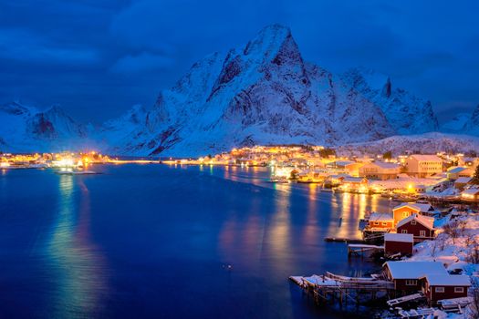 Reine village illuminated at night. Lofoten islands, Norway