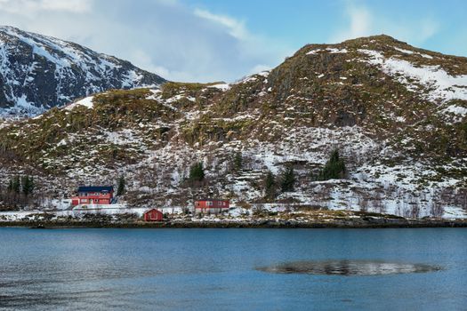Traditional red rorbu houses on fjord shore in snow in winter. Lofoten islands, Norway
