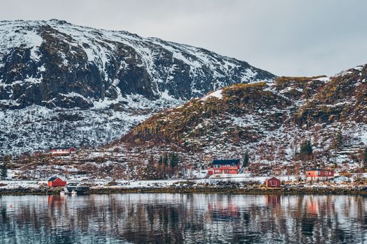 Traditional red rorbu houses on fjord shore in snow in winter. Lofoten islands, Norway