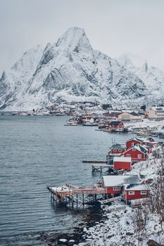 Reine fishing village on Lofoten islands with red rorbu houses in winter with snow. Norway