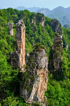 Famous tourist attraction of China - Zhangjiajie stone pillars cliff mountains on sunset at Wulingyuan, Hunan, China