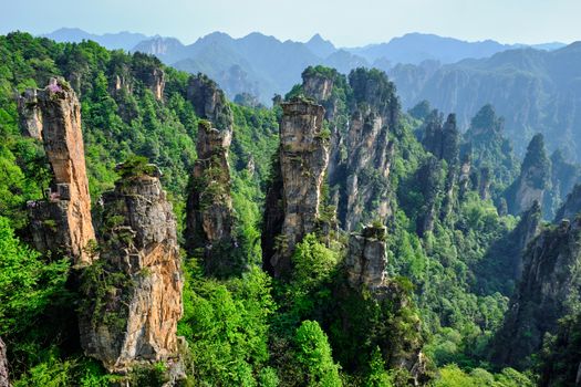 Famous tourist attraction of China - Zhangjiajie stone pillars cliff mountains on sunset at Wulingyuan, Hunan, China