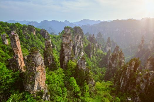 Famous tourist attraction of China - Zhangjiajie stone pillars cliff mountains on sunset at Wulingyuan, Hunan, China