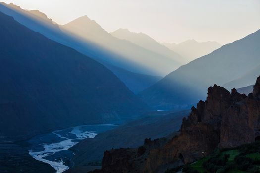 Spiti valley in rays of the setting sun. Spiti valley, Himachal Pradesh, India