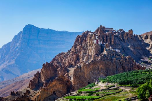 Dhankar gompa (monastery) on cliff in Himalayas. Dhankar, Spiti valley, Himachal Pradesh, India