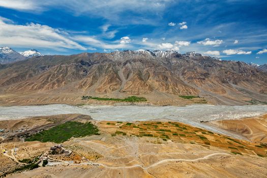 Aerial view of Spiti valley and Key gompa in Himalayas. Spiti valley, Himachal Pradesh, India