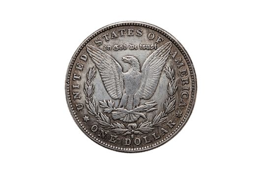 USA One Dollar Morgan Silver Coin replica dated 1880 with an image of a spread eagle on the reverse cut out and isolated on a white background