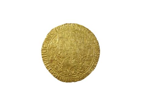 King Henry VII Gold Sovereign Coin first issued in 1489 having a  value of  twenty shillings cut out and isolated on a white background