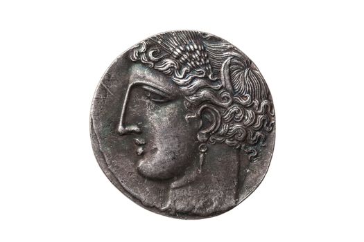 Silver 5 shekel Carthaginian coin replica with portrait of Tanit the sky goddess and the winged horse Pegasus on the reverse from the First Punic War 264-260 BC cut out isolated on a white background