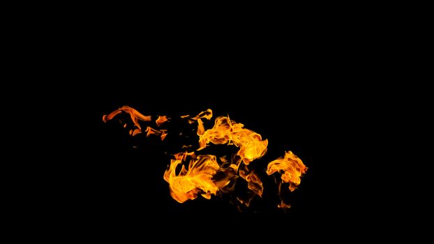 Fire flames on black background isolated. Burning gas or gasoline burns with fire and flames. Flaming burning sparks close-up, fire patterns. Infernal glow of fire in the dark with copy-space