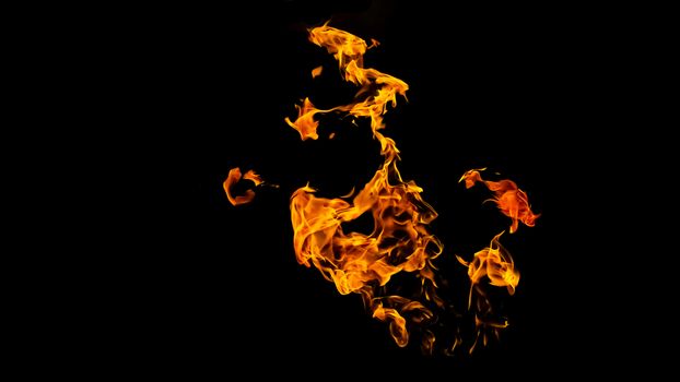 Fire flames on black background isolated. Burning gas or gasoline burns with fire and flames. Flaming burning sparks close-up, fire patterns. Infernal glow of fire in the dark with copy-space