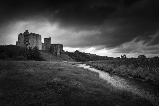 Kidwelly Castle, Kidwelly, Carmarthenshire, Wales, UK a Welsh ruin medieval castle of the 13th century black and white monochrome image