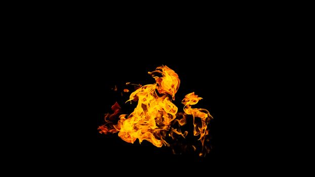 Fire flames on black background isolated. Burning gas or gasoline burns with fire and flames. Flaming burning sparks close-up, fire patterns. Infernal glow of fire in the dark with copy-space