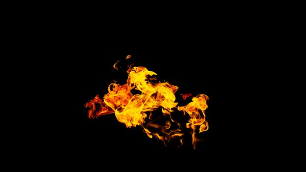 Fire flames on black background isolated. Burning gas or gasoline burns with fire and flames. Flaming burning sparks close-up, fire patterns. Infernal glow of fire in the dark with copy-space